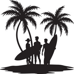 Three surfers with surfboards under palm trees silhouette 4