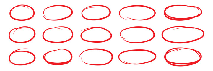 Hand drawn red circle highlight icon. Doodle vector on white background. Perfect for marking, annotating, or drawing attention to key areas in designs, presentations, or documents. Red circle icon