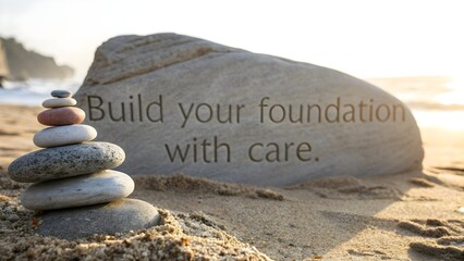 Stone with Text on Beach Suggesting Careful Foundation Building