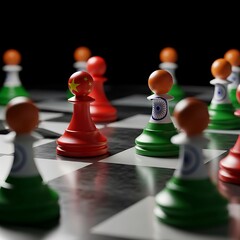 Naklejka premium Strategic Chess Game - India vs. Pakistan on the Board.