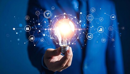Person in Suit Holding a Light Bulb with Network Icons