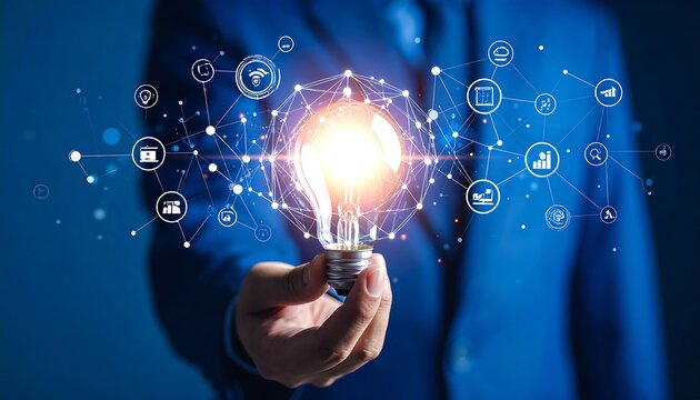Person in Suit Holding a Light Bulb with Network Icons