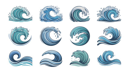 Collection of twelve stylized cartoon ocean wave illustrations on a white background surface view