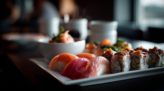 Delicious sushi platter with rice and fish