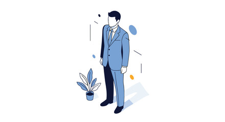 An animated illustration of a businessman in a suit standing thoughtfully with plants and shapes.
