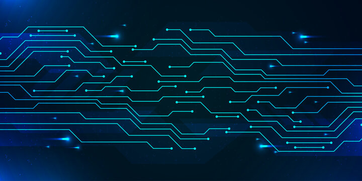 Futuristic digital circuit design with glowing blue lines and data flow. Abstract tech background for AI, blockchain, software development, and cyber security.