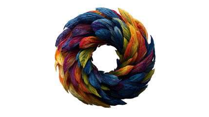 A vibrant swirl of rainbow feathers converging in a hypnotic ring against the stark backdrop of pure