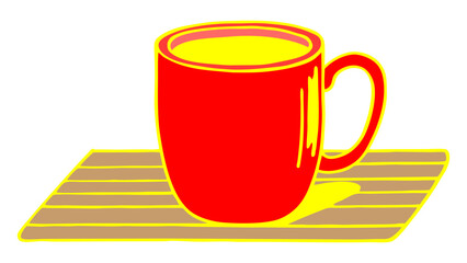 A bright red mug with yellow liquid sitting on a brown and yellow striped coaster on a white background