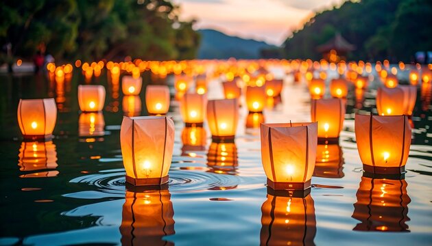Floating lanterns on water at sunset
