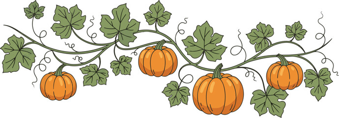 Decorative horizontal vector vine border featuring vibrant orange pumpkins and green leaves.