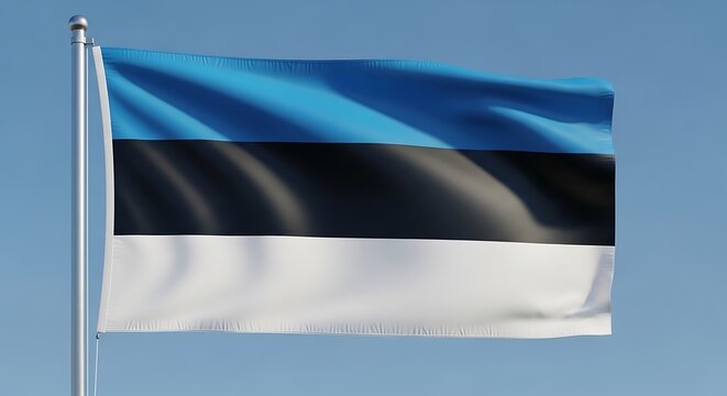 Estonian Flag Waving Proudly Against a Clear Blue Sky.
