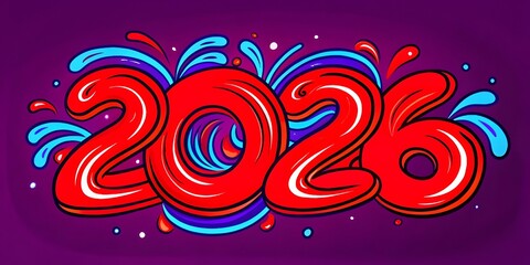 Graffiti style illustration of the year 2026 in bold red letters with blue and purple accents, set against a dark purple background with splashes of color.