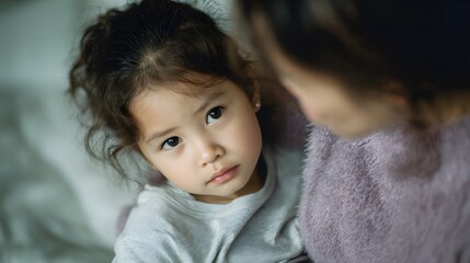 A young child with a concerned expression looks towards a parent in soft natural light conveying int y and emotion