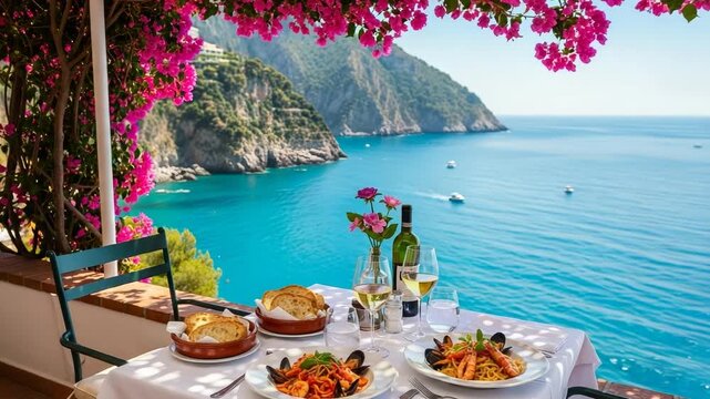 Romantic italian seaside dining with pasta and wine