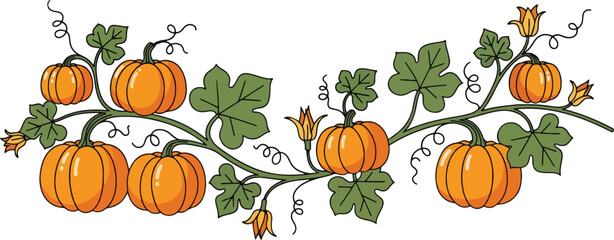 Decorative horizontal vector vine border featuring vibrant orange pumpkins and green leaves.