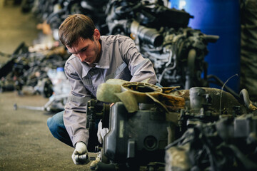 White man technician checking used car damaged engine block at scrap yard warehouse recycle area part. Maintenance engineer inspecting rust oily auto motor old spare part in junkyard for reuse service
