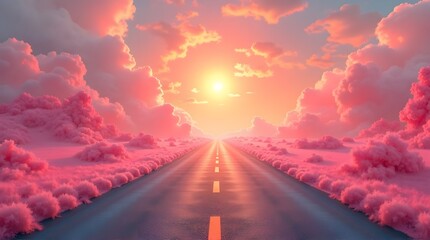 Road leading to glowing pink sunset sky