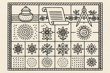 Intricate tile pattern featuring a diverse array of symbolic motifs and geometric designs, creating a visually captivating and harmonious composition