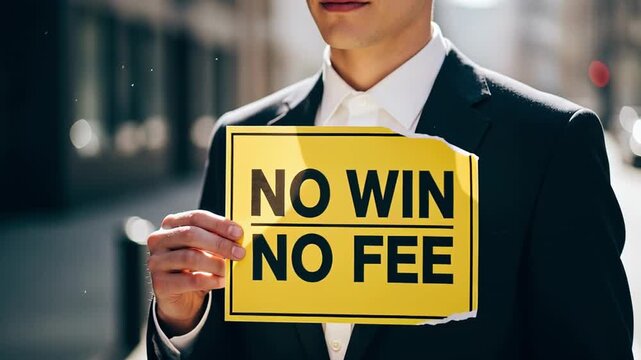 Person in business attire holding a bold no win no fee sign in urban setting