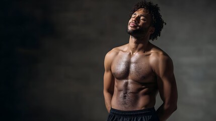 A muscular shirtless man with eyes closed and head tilted back appearing relaxed and taking a deep breath in a dark studio setting