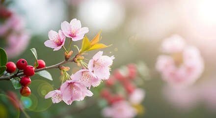 Obraz premium Delicate Pink Blossoms and Red Berries in Spring Sunlight.