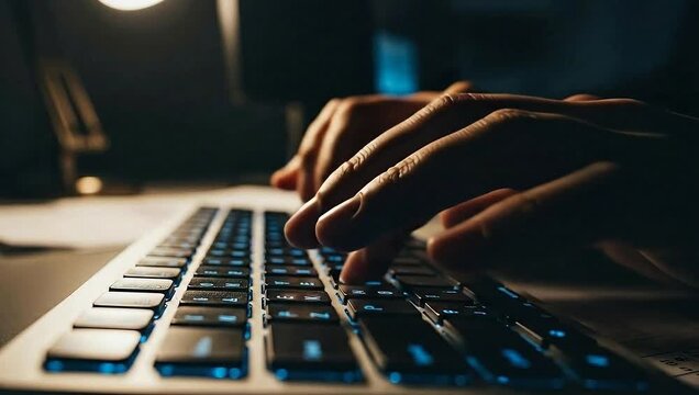 Close-up of hands typing on a laptop keyboard in low light, glowing keys visible