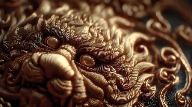 Close-up of Golden Lion Sculpture Details and Texture