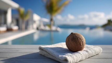 Coconut on towel by poolside