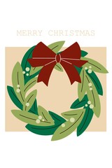 Christmas card, festive greeting Xmas poster design. Winter holiday postcard background with holly leaves, ribbon decoration, snow pattern, seasonal typography, lettering. Flat vector illustration