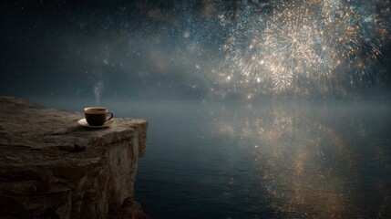 Coffee cup on cliff edge overlooking water and fireworks display