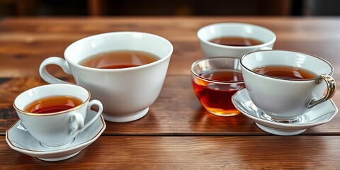 Close-up of porcelain, ceramic, and glass teacups on wooden table,  warm,   rustic
