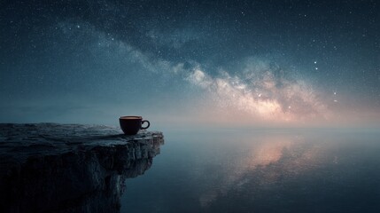 Coffee cup on rocky cliff at night sky