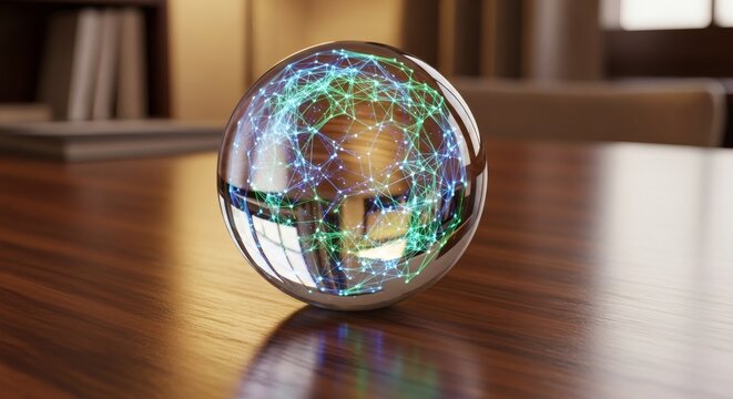 Crystal Ball Displaying Complex Network on Wood Table
