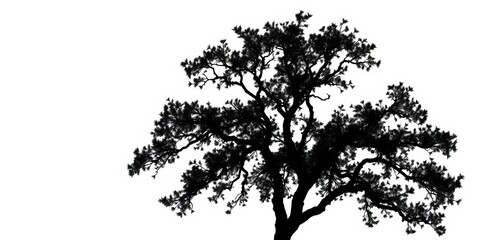 Crisp silhouette of black oak tree against pure white background,  monochrome,  botanical