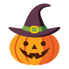 Orange pumpkin wearing a witch hat with a green band and yellow buckle