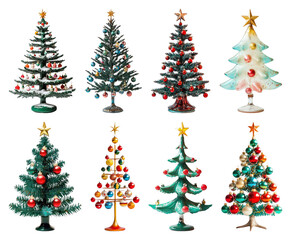 Fototapeta premium PNG Colorful festive miniature Christmas trees, element set on transparent background
