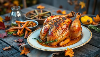Roasted chicken, autumnal sides, fall foliage, rustic table setting,  wood,  rustic