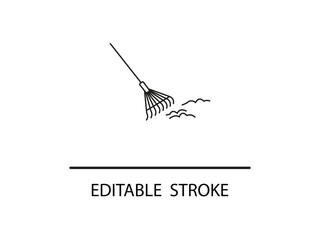 Rake icon for gardening and yard work projects in simple black line art style, great for editable designs and spring cleaning concepts.