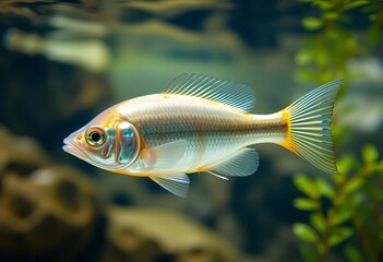 Fototapeta premium Silver tinfoil barb swimming in clear freshwater aquarium, Thailand, nature, reflection