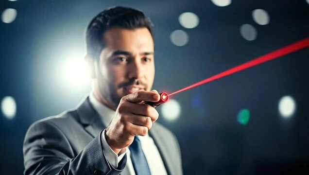 A person in a suit holds a laser pointer, emitting a bright red beam against a dark background