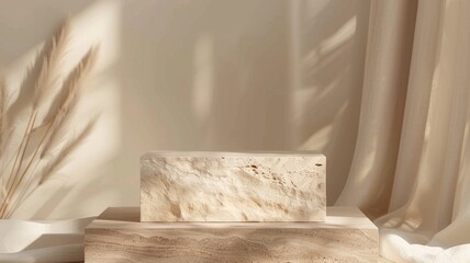 Minimal beige stone podium for product design with soft fabric drapes and dried pampas shadows, lit by warm sunlight for an earthy, elegant look.