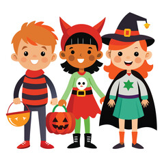 Three kids in Halloween costumes holding candy buckets