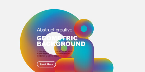 Vibrant abstract shapes overlap white space. Text promotes geometric background design, includes sample text, button.