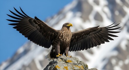 Majestic Eagle Spreading Wings Against Mountain Backdrop.