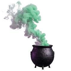 Mysterious green smoke emitting from a black cauldron halloween scene isolated on transparent background