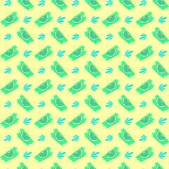 Playful summer food concept featuring a seamless pattern of stylized green watermelon ticket slices and turquoise splashes on a yellow background