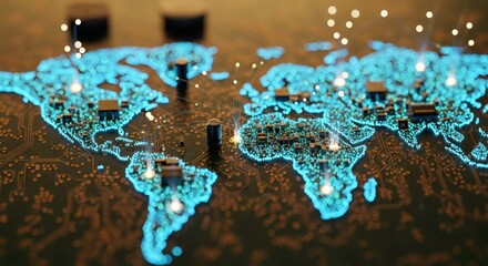 Global Digitalization Depicted on World Map Circuit Board Concept