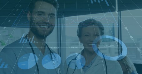 Analyzing medical professionals monitoring digital charts in clinic, with stethoscopes and window