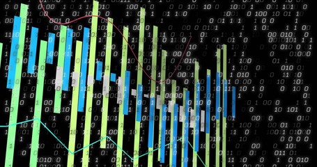 Displaying bar chart in binary digit matrix, with green, blue, white bars and red-teal line graphs