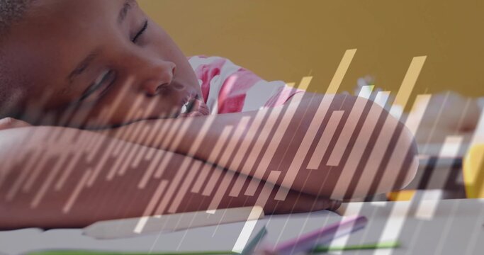 Sleeping student leaning on study desk with striped shirt notebook pencils papers bar chart overlay